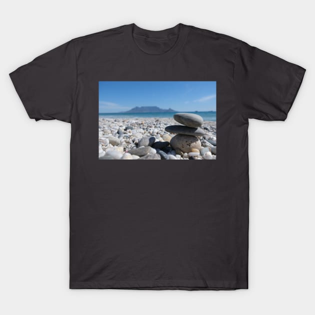 Blouberg Beach Table Mountain Stacked Rocks T-Shirt by PathblazerStudios